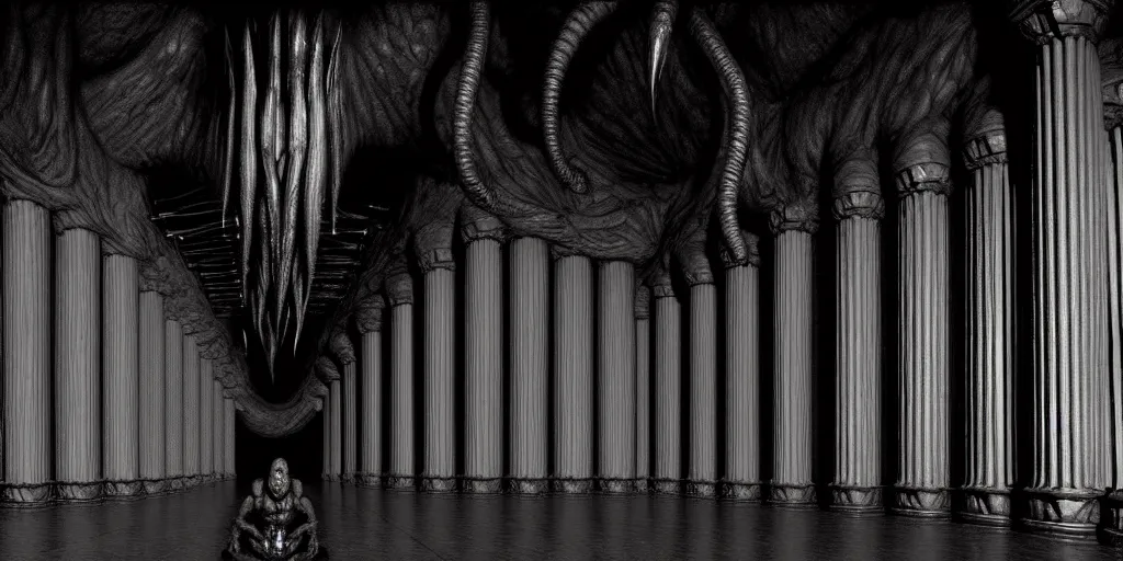 Image similar to balrog in the great hall of moria, columns along both sides of the great hall, style of h. r. giger, dark, cinematic