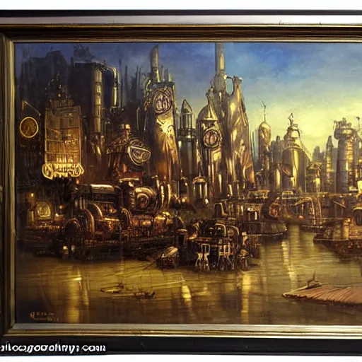 Prompt: a steampunk city in the style of James gurney, famous oil painting, award winning