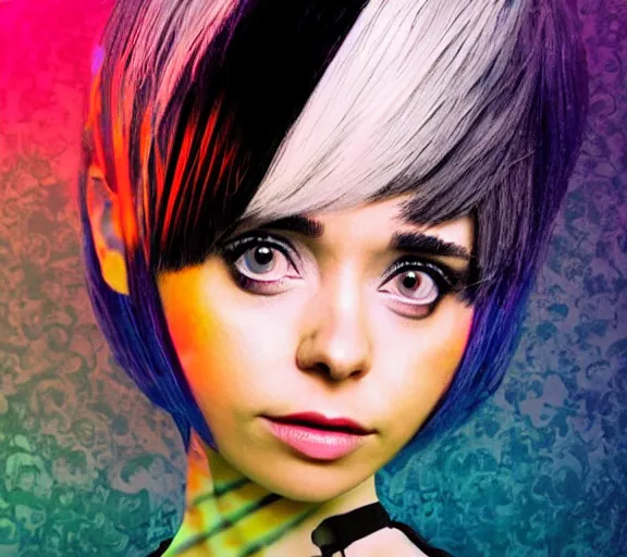 Prompt: very beautiful closeup portrait of a black bobcut hair style futuristic alessandra torresani in a blend of manga - style art, augmented with vibrant composition and color, all filtered through a cybernetic lens, by hiroyuki mitsume - takahashi and noriyoshi ohrai and annie leibovitz, dynamic lighting, flashy modern background with black stripes