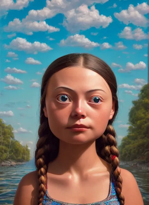 Image similar to closeup profile portrait of tin toy greta thunberg bikini mini - skirt, depth of field, zeiss lens, detailed, symmetrical, centered, fashion photoshoot, by nicoletta ceccoli, mark ryden, lostfish, breathtaking, 8 k resolution, extremely detailed, beautiful, establishing shot, artistic, hyperrealistic, octane render