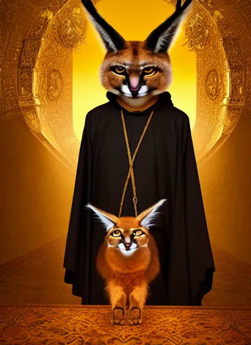 Image similar to cute fluffy anthropomorphic caracal as orthodox priest in golden clothes, caracal head, wearing vr, in orthodox church at background, dynamic lighting, darkness, atmospheric, surrealistic, ambients, dramatic, blurry bokeh cinematic, depth of field, art by bussiere rutkowski andreas rocha