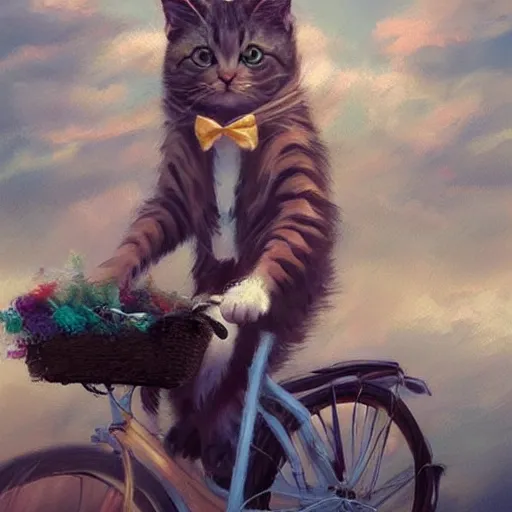 Prompt: head and shoulders masterpiece portrait of cute cat riding a bicycle, surreal background, digital art by Krenz Cushart, trending on artstation, cgsociety,