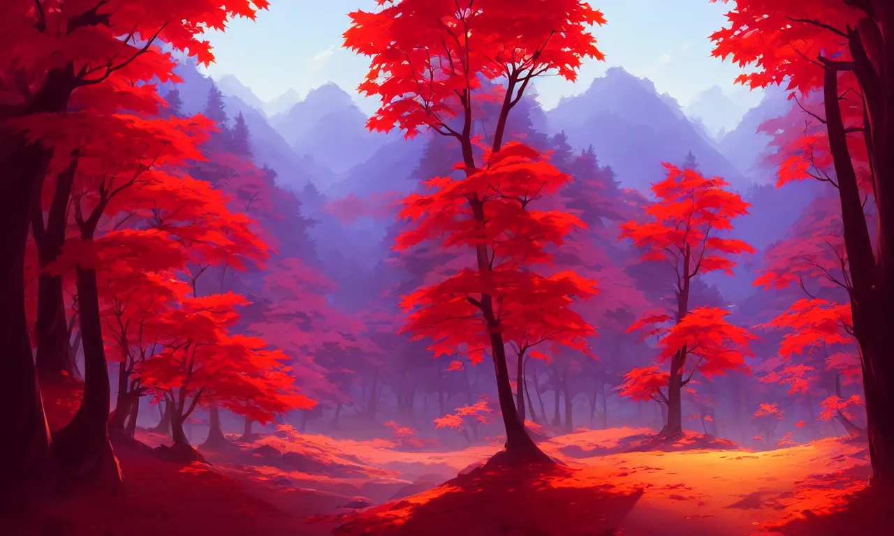 Image similar to Dark forest red maple trees under gorgeous mountains, behance hd by Jesper Ejsing, by RHADS, Makoto Shinkai and Lois van baarle, ilya kuvshinov, rossdraws global illumination