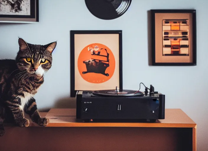 Image similar to photography of a Cat sitting on a record player. in a room full of posters, photorealistic, raining award winning photo, 100mm, sharp, high res