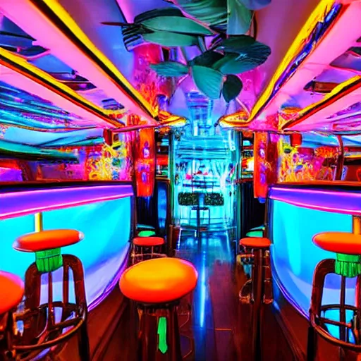 Image similar to architectural digest photo, inside dark and moody crowded futuristic neon tiki bar inside a yacht, tropical plants, blue lighting with small pastel orange and pink accent lights, crowd of cool people dancing