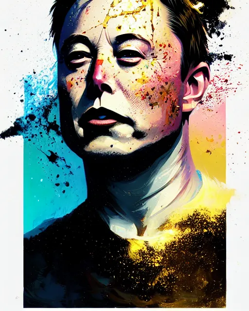 Image similar to Portrait of elon musk consumed by smoky water, stylized geometric explosion of splatter paint black gold sparkling, fantasy art by Greg Rutkowski, Loish, Rhads, Makoto Shinkai and Lois van baarle, ilya kuvshinov, rossdraws