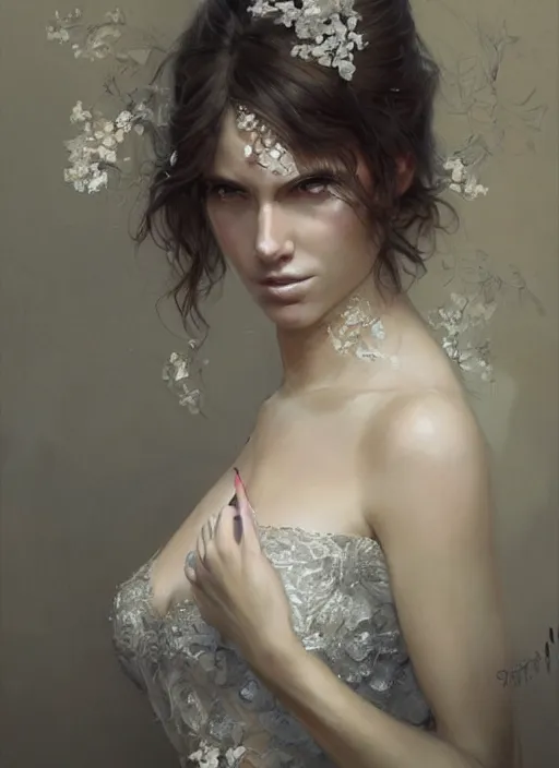 Image similar to a beautiful woman in an elaborate ballgown. beautiful highly detailed face, looking directly at the viewer. painting by artgerm and greg rutkowski and magali villanueve.