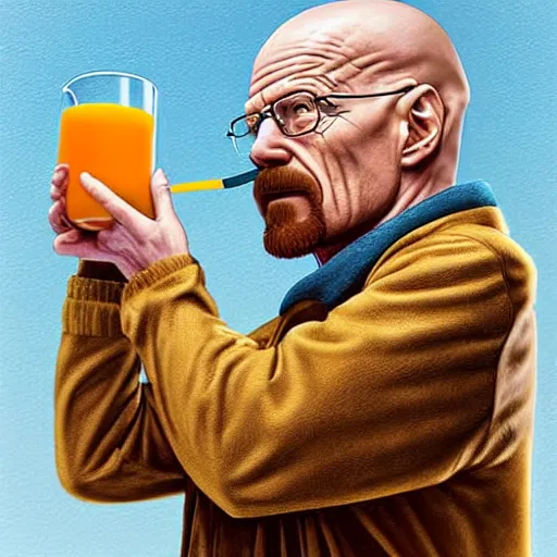 Prompt: portrait of walter white drinking orange juice, digital art, highly detailed and intricate, realistic and 8 k