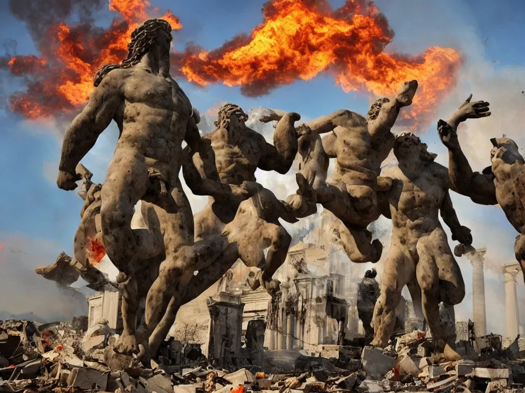 Prompt: giant greek statues attacking a city, city destruction, ruins, debris flying around, swirls of fire