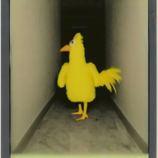 Prompt: A creepy polaroid photo of Big Bird chasing you down a hallway