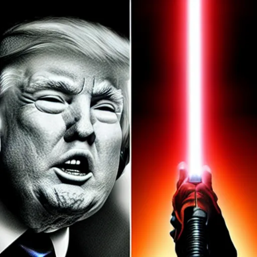 Image similar to donald trump with a lightsaber, dynamic lighting, highly detailed