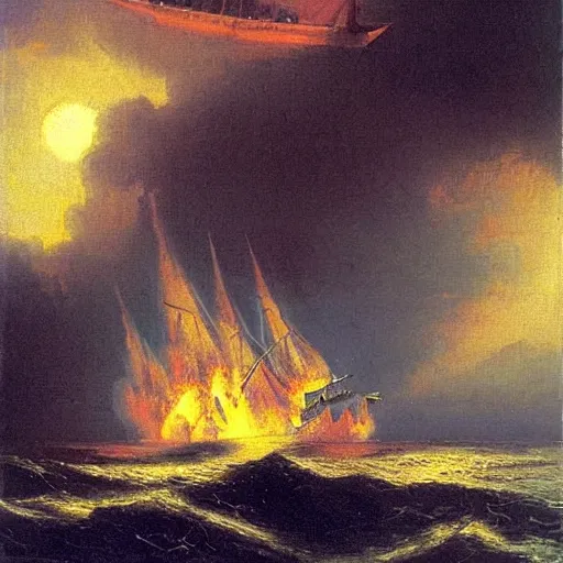 Prompt: large ship being tossed about in a fiery storm in the sea, dark, low light, terrifying, beautiful, raja ravi varma painting