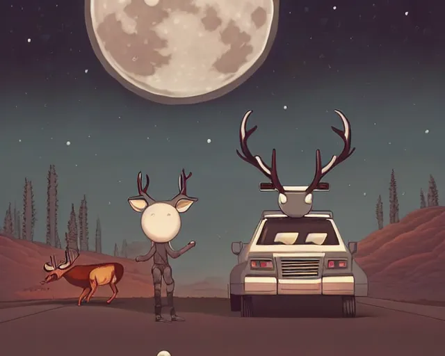 Image similar to a cell shaded cartoon grey santa! + deer robot, with a big head, on a desert road, wide shot, in front of a big moon, muted colors, post grunge, josan gonzales, wlop, by james jean, victor ngai, hq, deviantart, art by artgem