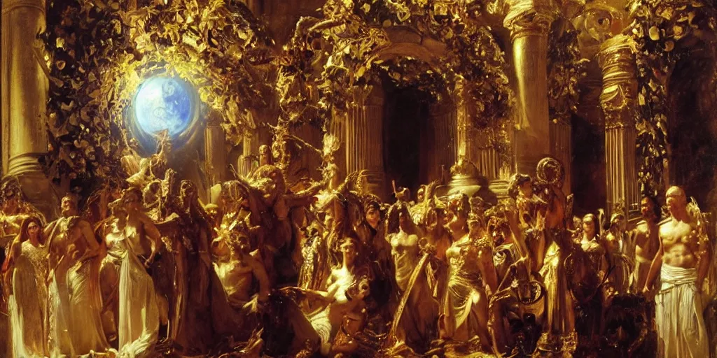 Image similar to beautiful oil painting, high details, the alien god emperor of ancient civilization surrounded by servants in gilded halls a golden wreath upon his head, by anders zorn, wonderful masterpiece by greg rutkowski, beautiful cinematic light, american romanticism, by giger, rolf armstrong, ernie barnes