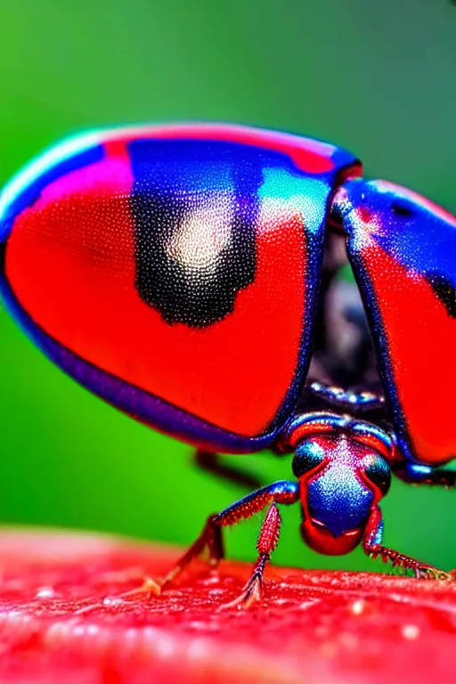 Image similar to high quality macro photo iridescent Red spotted jewel beetles! gorgeous highly detailed david ligare elson peter cinematic blue lighting high quality low angle hd 8k sharp shallow depth of field