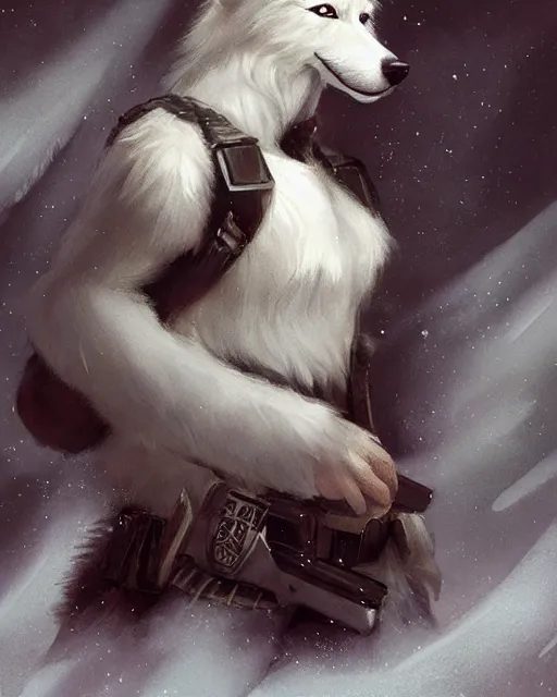 Prompt: a anthropomorphic wolf police officer with white fur. Renowned character illustration by by Edgar Maxence and Ross Tran