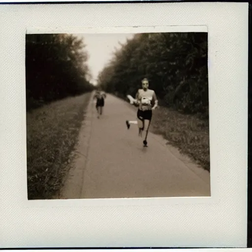 Prompt: a pig running a maraton, polaroid photograph