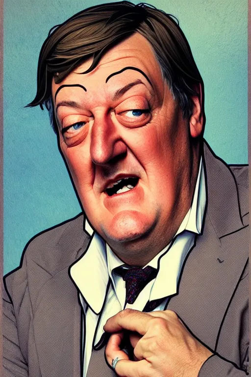 Prompt: stephen fry winking his left eye at the camera, in the style of art by artgerm and greg rutkowski and alphonse mucha