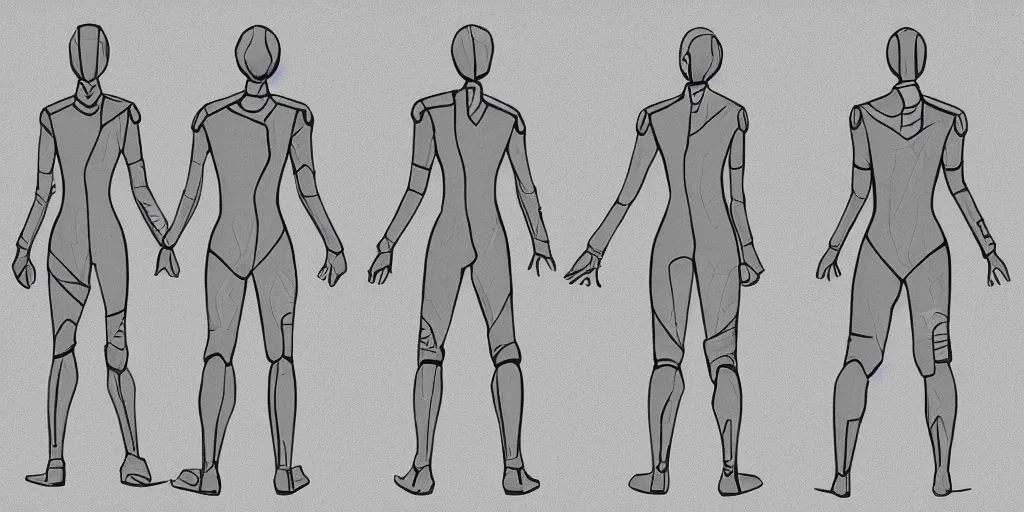 Prompt: male, elongated figure, space suit, large shoulders, short torso, long thin legs, tiny feet, character sheet, digital sketch, very stylized, concept design