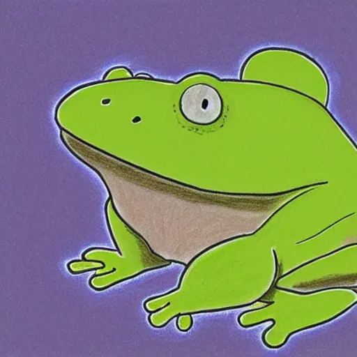 Image similar to a drawing of a happy frog under the rain wearing a rainy coat by hayao miyazaki