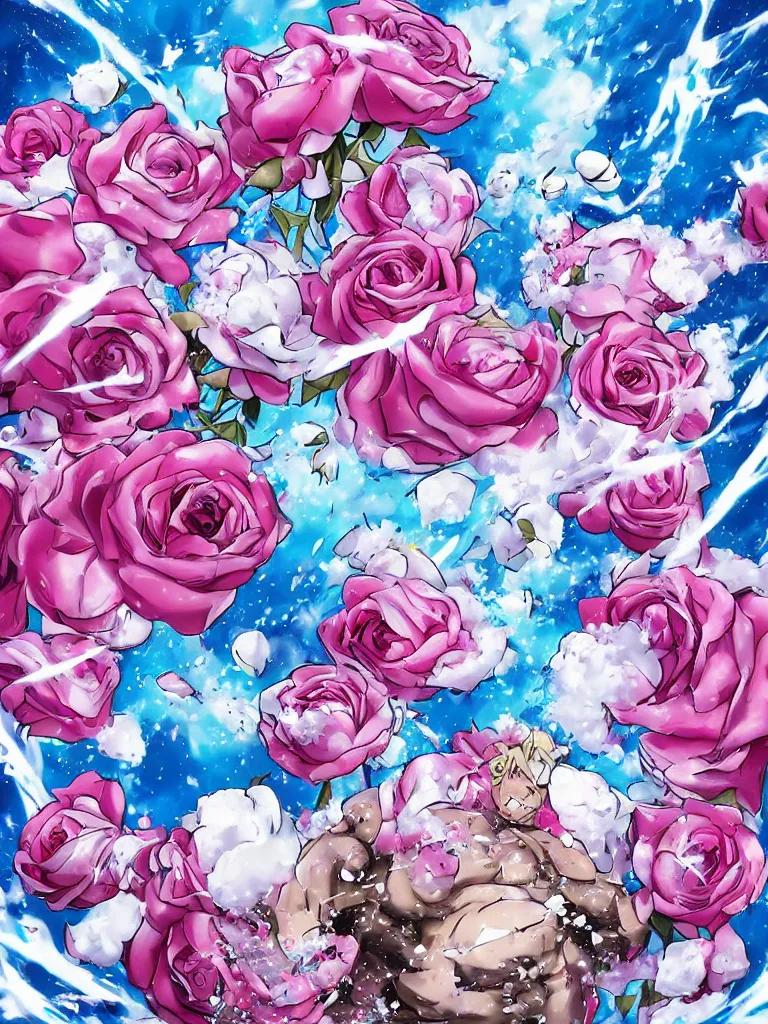 Image similar to hadoken force ball of white and pink roses, flowers exploding and splattering, blue sky, big puffy clouds, spraypaint, wildstyle, totem 2, exploding roses, hodouken, large rose petals, lotus petals, large triangular shapes, studio ghibli anime, radiant lighting, artgerm, manga, trending on artstation, art nouveau, mature colors