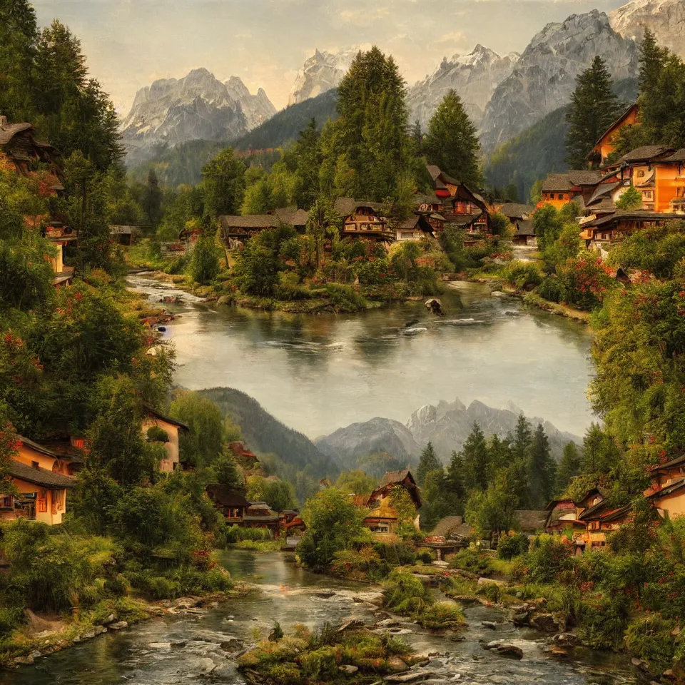 Prompt: high - quality realist painting of a river crossing a traditional bavarian village in a valley in the alps at dawn, peaceful, very detailed, digital art.