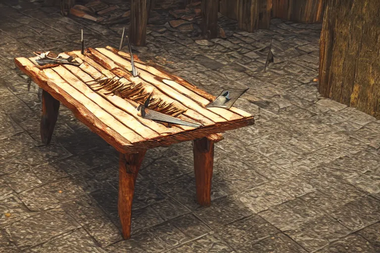 Image similar to a rustic rectangle wooden table with spikes sticking out of it. artstation highquality 4k