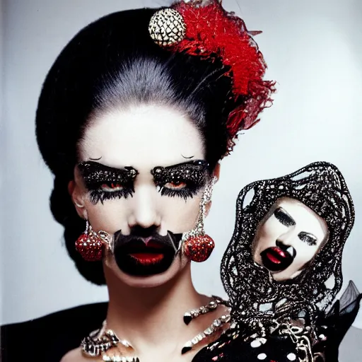 Image similar to a photograph of a woman with dark make-up around her eyes and red lipstick with slicked-back black hair wearing an outrageous Alexander McQueen mesh face jewelry across her face, encrusted with hanging beads and diamonds, haute couture, high fashion, Eiko Ishioka, film still, 16mm