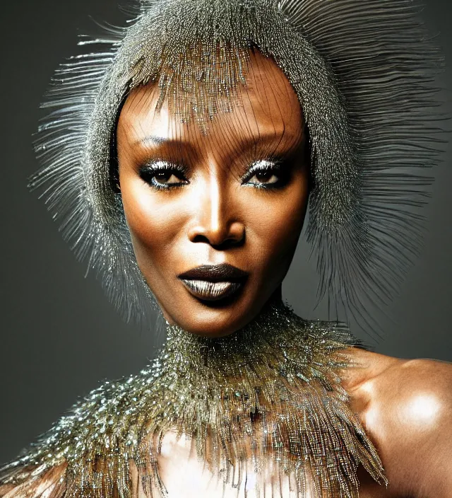 Image similar to photography portrait by paolo roversi of naomi campbell wearing a ornate transparent and metalic costume with feathers by iris van herpen, highly detailed, artstation, smooth, sharp foccus, artstation hq, skin grain detail, high detail, creativity in fashion design