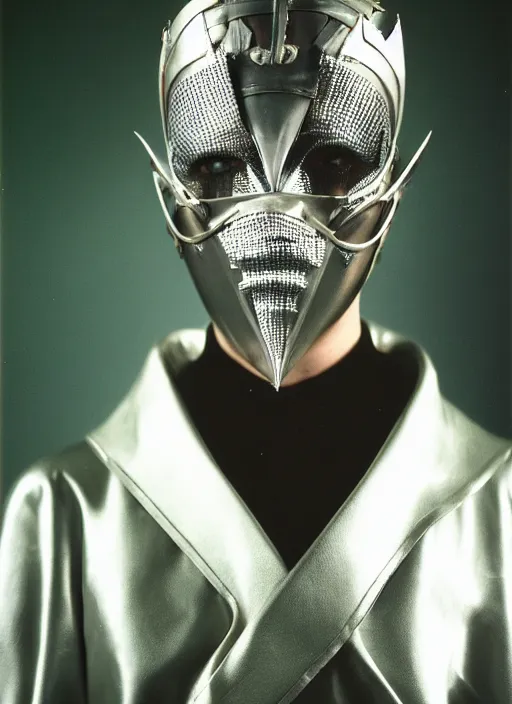 Image similar to a fashion portrait photograph of a man wearing a metal mask designed by thierry mugler, 3 5 mm, color film camera,