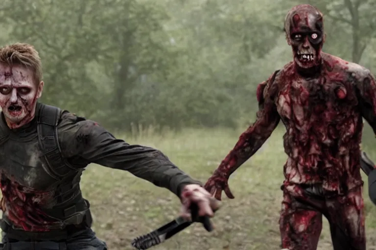 Image similar to film still of zombie zombie Hawkeye as a zombie in new avengers movie, 4k