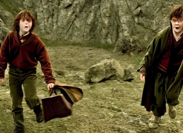 Prompt: harry potter in the lord of the ring (2001), screenshot