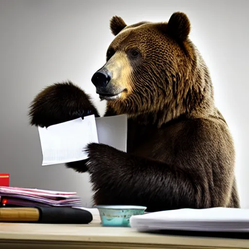 Image similar to bored bear at office, head leaning on paw with elbow on table, piles of paperwork