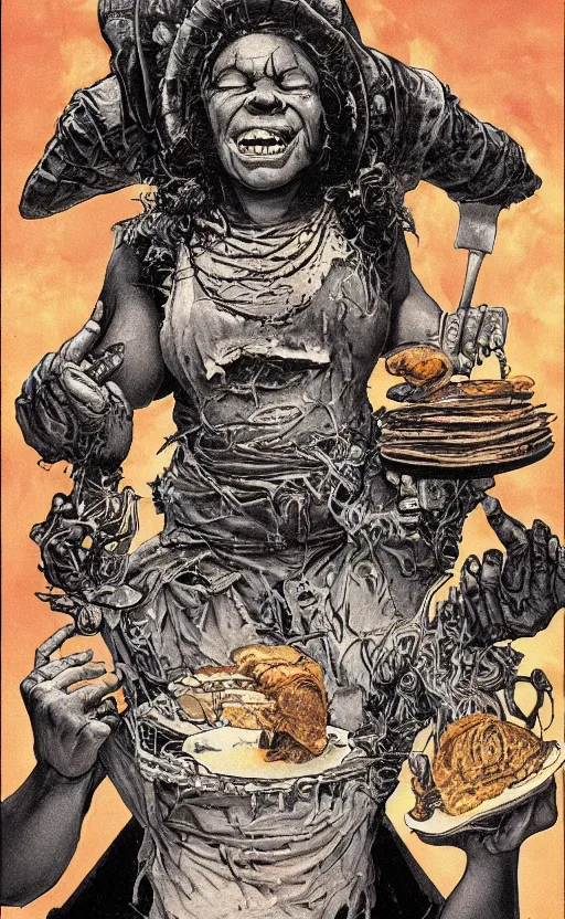 Prompt: Aunt Jemima, heavy metal magazine cover, 1980s, intricate pancakes and syrup witch, atmospheric, realism, horror, grimy, sinister, highly detailed, high octane render, HD, anatomy, symmetrical body, symmetrical face, scary, cracked brick background, in the style of Frank frazetta and moebius, Peter mohrbacher and John William Waterhouse