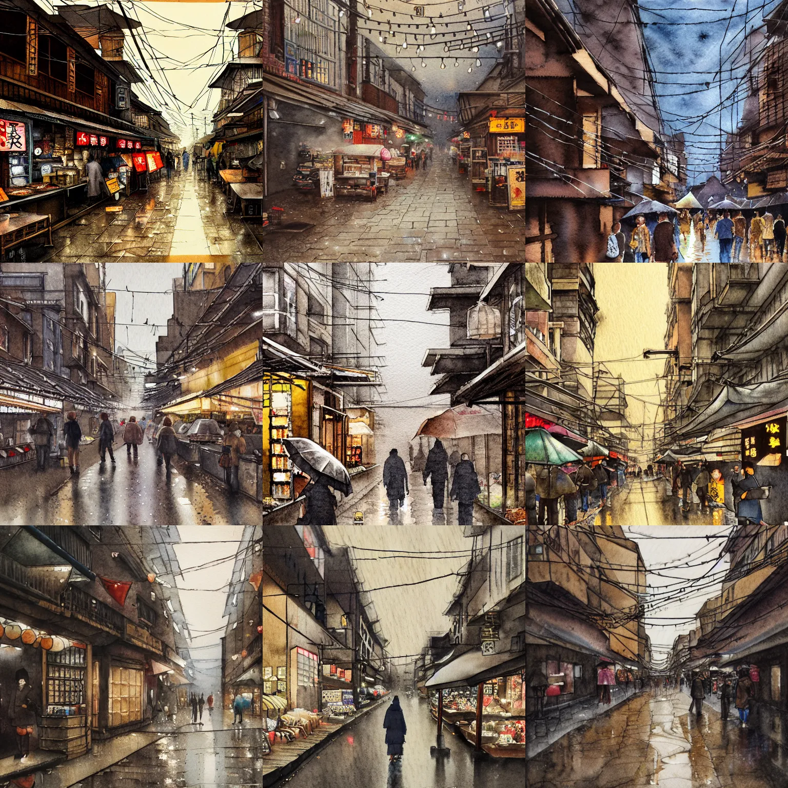 Prompt: street scene, low angle, tatsuyuki tanaka, detailed watercolor, back lit, paper texture, movie scene, old japanese street market, people shopping, wet ground, raining, misty, golden hour, lit lanterns strung between buildings, spot light, texture, brown cobble stones, dust, overhead wires, telephone pole, dusty, pencil marks, hd, 4k, remaster, dynamic camera angle, deep 3 point perspective, fish eye, dynamic scene -W768