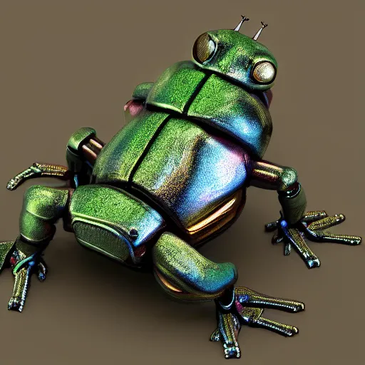 Prompt: end times paradox rust metallic beetle robot frog, photorealistic, 8 k, ultra detailed, all colors, many lines.