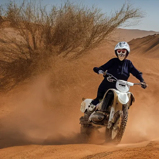 Prompt: cinematic shot of Margaret Thatcher riding a dirt bike in a desert, 8k, dslr, professional lighting,