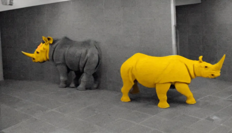 Prompt: a rhinoceros in a public bathroom with yellow tiles floor, mini dv camera found footage, very very low quality, heavy grain, heavy jpeg artifact blurry, caught on trail cam