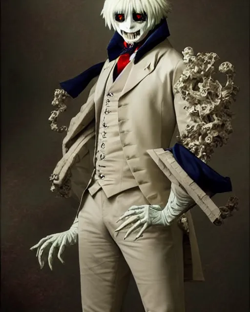 Image similar to tokyo ghoul monster ken kaneki character wearing a beautiful 1 8 th century suit with a tie, rococo style, francois boucher style, highly detailed, very realistic, painterly style