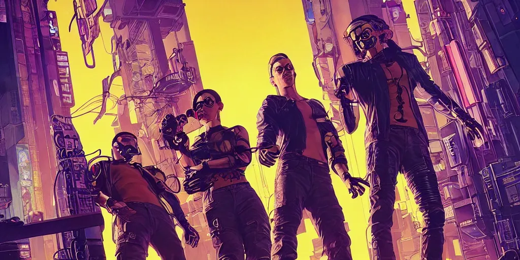 Image similar to cyberpunk heist crew. portrait by stonehouse and mœbius and will eisner and gil elvgren and pixar. character design. realistic proportions. dystopian. cyberpunk 2 0 7 7 character art, blade runner 2 0 4 9 concept art. cel shading. attractive face. thick lines. hi def 4 k. the team. detailed interesting characters. realistic faces.