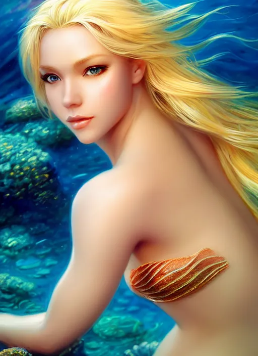 Image similar to photo of a gorgeous blonde female mermaid in the style of stefan kostic, realistic, half body shot, sharp focus, 8 k high definition, insanely detailed, intricate, elegant, art by stanley lau and artgerm, extreme blur coral reef background