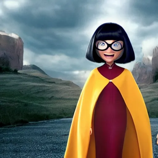 Prompt: a still of upset Edna Mode wearing a cape, Pixar (2018)