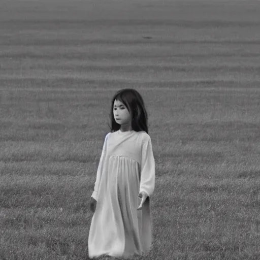 Image similar to film still of a girl walking through liminal space, black and white