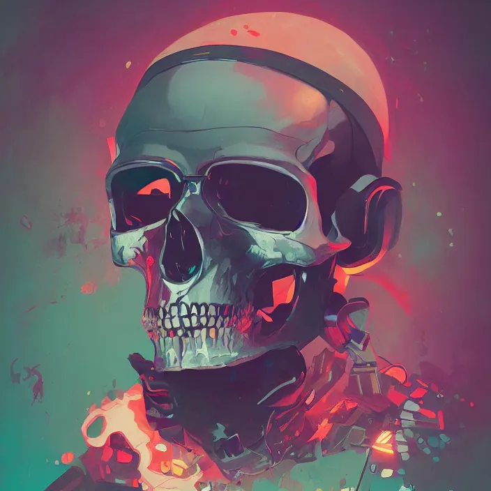 Prompt: a colorful comic noir illustration painting of a cyberpunk skull by sachin teng and sergey kolesov and ruan jia and pascal blanche. in style of chromatic risograph print, sci fi, hyper detailed. octane render. trending on artstation