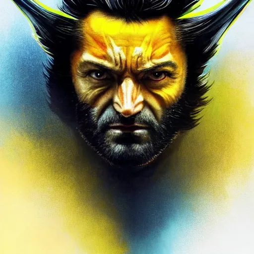 Image similar to wolverine starring into the camera, fixed eyes, flowing black coat with glowing neon yellow, colorful, surreal, dramatic lighting, face, detailed, intricate, elegant, highly detailed, digital painting, artstation, chalk, concept art, smooth, sharp focus, illustration, art by sam spratt, dan mumford, artem demura and alphonse mucha