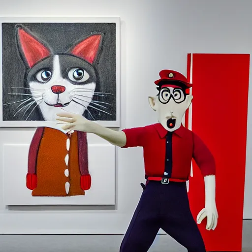 Image similar to postman pat in an art gallery with his cat jess, white gallery, performance art, contemporary, photorealistic