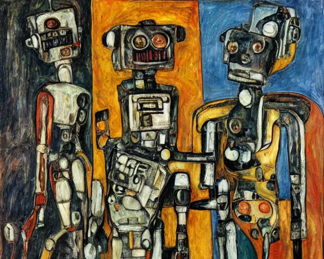 Image similar to a painting of a robot family by graham sutherland, egon schiele, neo - expressionism