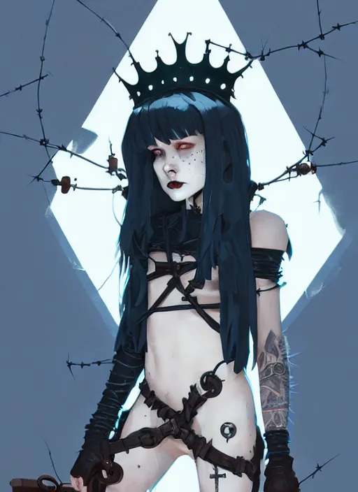 Prompt: cute goth maiden girl with crown of thorns and white short hairs, dressed in leather belts, warhammer, cyberpunk, by atey ghailan, by greg rutkowski, by greg tocchini, by james gilleard, by joe gb fenton, by kaethe butcher, dynamic lighting, gradient light blue, brown, blonde cream and white color in scheme, grunge aesthetic