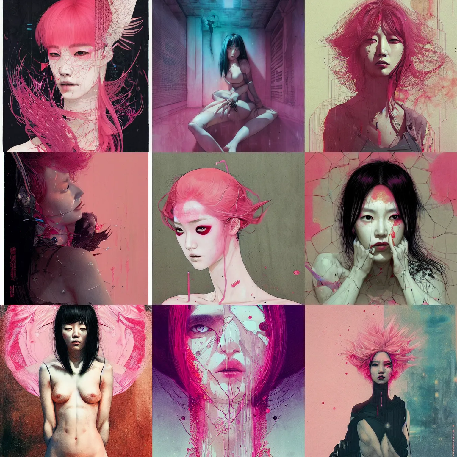 Prompt: lee jin - eun emerging from pink violent maelstorm in cyberpunk theme by conrad roset, nicola samuri, dino valls, m. w. kaluta, rule of thirds, seductive look, beautiful