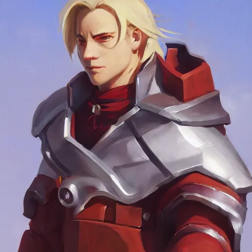 Prompt: greg manchess portrait painting of edward elric as overwatch character, medium shot, asymmetrical, profile picture, organic painting, sunny day, matte painting, bold shapes, hard edges, street art, trending on artstation, by huang guangjian and gil elvgren and sachin teng